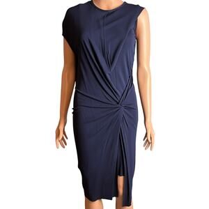 Helmut Lang Navy Blue Asymmetrical Knit Dress Petite Wrap Helix Jersey Knot